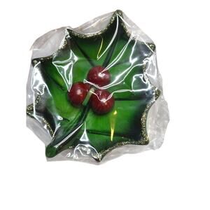 Lillian Vernon Vintage Holly Leaf Green Gold Floating Candles Trio NIB Set of 3